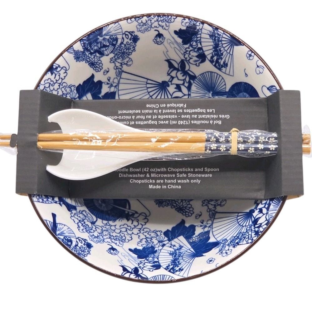 SH Home‎ 42oz Blue Ceramic Ramen Noodle Soup Bowl Chopsticks Spoon Asian Motifs